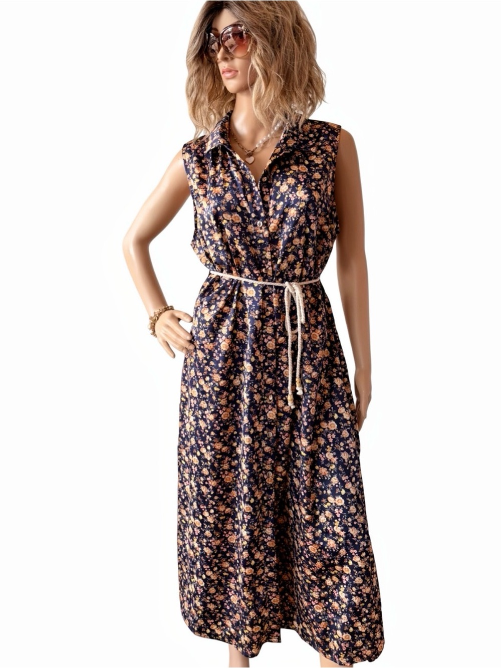 Percepción Concepts Beautiful Floral Sleeveless Maxi Dress Button Down Sz Large